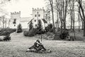 Chateau Strazky and statue of lovers, Slovak, colorless