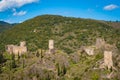 The Chateaux de Lastours on a rocky spur above the French village of Lastours