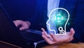 ChatGPT Chat with AI or Artificial Intelligence, using touch AI icon on virtual screen, robot application, Digital chatbot, OpenAI Royalty Free Stock Photo