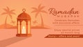Ramadan Mubarak Minimal Islamic Greeting Design Featuring Lantern Palm Trees Crescent Moon Desert Landscape Royalty Free Stock Photo