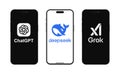ChatGPT OpenAI, DeepSeek and Grok logo on smartphone screens, artificial intelligence chat