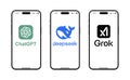 ChatGPT OpenAI, DeepSeek and Grok logo on smartphone screens Royalty Free Stock Photo