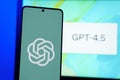 Chatgpt Openai logo with GPT 4.5 AI language model in the background