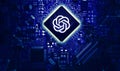 ChatGPT powers concept background with glowing chip and symbol on it.