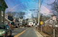 Rainbow over Town center of Chatham on Main Street on a sunny day in winter