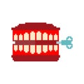 Chatter teeth toy pixel art. April Fools Day symbol. 8 bit Jaw t