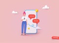 Chatting concept. Chatting with friends and sending new messages. Colorful speech bubbles boxes on smartphone screen. 3D Web