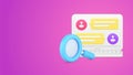 Chatting dialogue message web cyberspace at laptop display magnifying glass 3d icon illustration