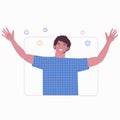 Chatting with friends online. Chatting Video call. Young man with hands up at the window. Greeting. Flat illustration Royalty Free Stock Photo