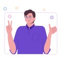 Chatting with friends online. Chatting Video call. Young man with hands up at the window. Greeting. Flat illustration Royalty Free Stock Photo