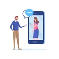 Chatting via Social network. couple having date via smartphone. online communication. Flat cartoon illustration vector Royalty Free Stock Photo