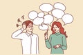 Chatty woman irritates man does not want to listen to girl standing among speech bubbles