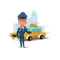 chauffeur with his taxi car. character design. taxi service concept - vector