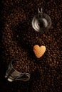 Delicious Coffee Beans With Two Espresso Cups And Heart Shaped Biscuit Royalty Free Stock Photo