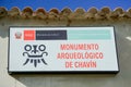 Entrance sign for the archaeological museum and pre-Incan ruins of Chavin de Huantar in the Andes of Peru