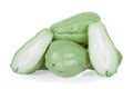 Chayotes isolated on white background, with one Chayote cut in half showing the pulp or flesh