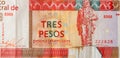 Che Guevara monument on cuban banknote of orange three pesos convertibles 2016