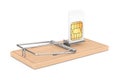 Cheap Communication Problems Concept. Mobile Phone Sim Card in Wooden Mousetrap. 3d Rendering