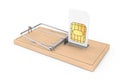 Cheap Communication Problems Concept. Mobile Phone Sim Card in Wooden Mousetrap. 3d Rendering