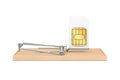 Cheap Communication Problems Concept. Mobile Phone Sim Card in Wooden Mousetrap. 3d Rendering