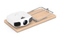 Cheap Electronic Problems Concept. Home Cinema Entertainment Full HD Projector in Wooden Mousetrap. 3d Rendering