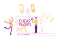 Cheap Flight, Economy Travel, Tourism, Special Offer, Low Cost Airline Discounter. Characters Buying Airplane Tickets