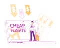 Cheap Flight, Low Cost Airline Offer, Profitable Promotion Concept. Tine Male Character Tourist with Suitcase Royalty Free Stock Photo