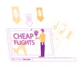 Cheap Flight Special Offer, Low Cost Airline Discounter Concept. Tiny Male Character Buying Airplane Tickets Online