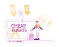 Cheap Flight, Travel Budget Concept. Tiny Female Character with Baggage Stand at Huge Laptop with Low Cost Tickets Royalty Free Stock Photo