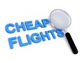 Cheap flights with magnifying glass on white