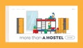 Cheap Hostel for Tourist Accommodation Landing Page Template. Female Characters Sitting on Bunk Bed Reading Book