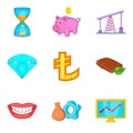 Cheap money icons set, cartoon style