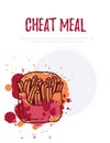 Cheat Meal with french fries illustration and watercolor splashes. Emblem for fast food restaurant, cafe. Weight loss