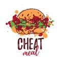 Cheat Meal with hand drawn Burger label, badge. Emblem for fast food restaurant, cafe. Isolated on white background
