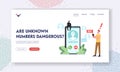 Cheater Prank, Scam Activity Landing Page Template. Tiny Fraud Character Sit on Huge Smartphone Call from Unknown Number Royalty Free Stock Photo