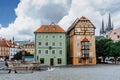 Cheb, Czech Republic - August 20, 2021. Town Eger in Western Bohemia.Market place with colorful Gothic houses and Spalicek house Royalty Free Stock Photo