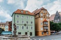 Cheb, Czech Republic - August 20, 2021. Town Eger in Western Bohemia.Market place with colorful Gothic houses and Spalicek house Royalty Free Stock Photo