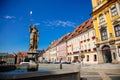 Cheb, Western Bohemia, Czech Republic, 14 August 2021: King George of Podebrady Square, Eger at sunny day, medieval colorful