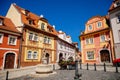 Cheb, Western Bohemia, Czech Republic, 14 August 2021: picturesque street with medieval colorful gothic houses, Fountain of St.