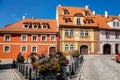 Cheb, Western Bohemia, Czech Republic, 14 August 2021: picturesque street with medieval colorful gothic houses, Fountain of St.