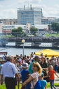 Cheboksary, Chuvashia/ Russia - August 24 2019: a bridge over the bay with many people on theday of the celebration of the 550th Royalty Free Stock Photo