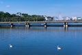 Cheboksary, Chuvashia/ Russia - August 15 2021: a bridge over the bay with  people on the celebration of the 552th anniversary  of Royalty Free Stock Photo