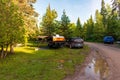 Cheboygan, MI - July 13: Small teardrop travel trailer parked at a state campground site Cheboygan, MI on July 13, 2021
