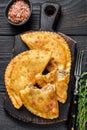 Cheburek meat pastry pie with herbs. Black wooden background. Top view