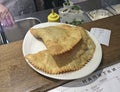 Chebureki in foodcourt gastronomic center in Zaryadie park, Moscow