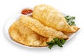 Chebureks with meat, spicy red sauce and greens on a plate. Deep-fried pies made of puff pastry. Isolated image on a white