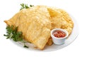 Chebureks with meat, spicy red sauce and greens on a plate. Deep-fried pies made of puff pastry. Isolated image on a white