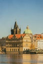 Chech republic. Prague March 2017. Observation tower high in the Gothic style part of Charles Bridge Prague over the Vltava River