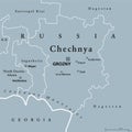 Chechnya, the Chechen Republic, gray political map, with capital Grozny