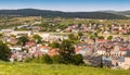 Panoramic view of town Checiny in Swietokrzyskie Mountains seen from Royal Castle medieval fortress hill near Kielce in Poland Royalty Free Stock Photo